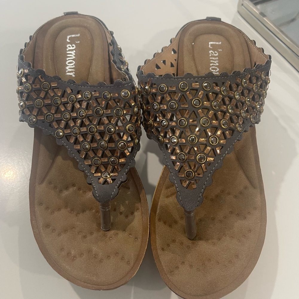 Grey and Gold Wedge Sandals